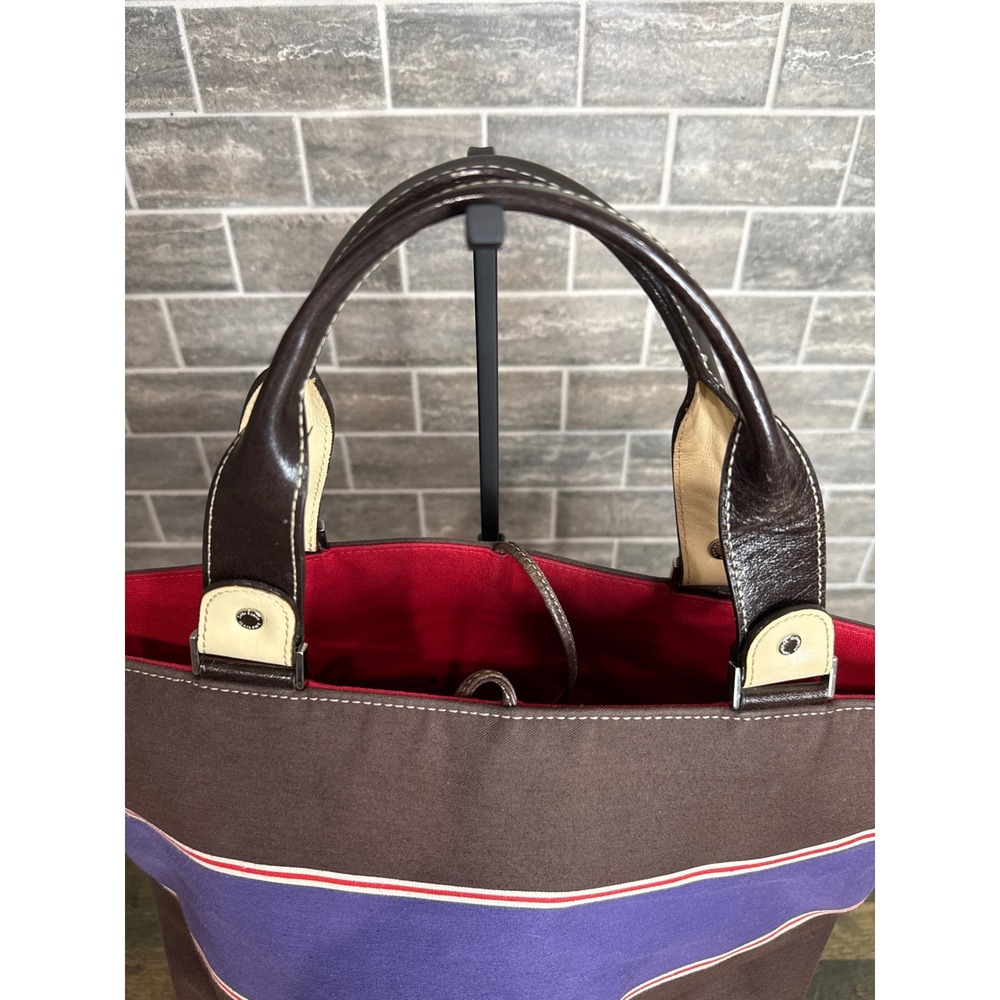 Kate Spade New York Striped Canvas Tote Bag Brown Purple Leather Trim Large - Picture 3 of 12